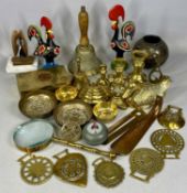 ASSORTED METALWARE to include old school type bell, graduated scales weights, horse brasses, Eastern