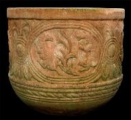 LARGE TERRACOTTA GARDEN URN with moulded design, 45 (h) x 52cms (diam.) Provenance: private