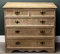 STRIPPED PINE CHEST of two short and three long drawers, brass drop handles and backplates, 97 (h) x