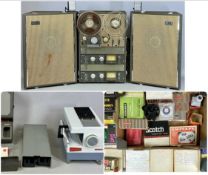 VINTAGE AKAI MODEL M-7 REEL TO REEL TAPE PLAYER, with portable speakers, various tapes and