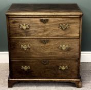 19TH CENTURY OAK CHEST OF THREE LONG DRAWERS, brass drop handles, back plates and escutcheons,