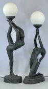 ART DECO STYLE TABLE LAMPS in painted black plaster, 84cms (h) the tallest Provenance: private