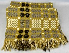 TRADITIONAL WELSH WOOLLEN BLANKET, mustard with cream, black and grey geometric pattern, double