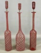 THREE MURANO 'PEPPERMINT SWIRL' DECANTERS & STOPPERS, red and white canes, 45 and 47cms (h)