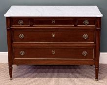 LOUIS XVI STYLE COMMODE CHEST, white marble top over three graduated long drawers, with brass trim