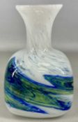 MURANO POLYCHROME BOTTLE VASE, 1960s, swirled blue and white pigments over milky white base,
