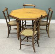 VICTORIAN INLAID SATINWOOD OCTAGONAL OCCASIONAL TABLE, 72 (h) x 102 (w) x 102cms (d); and four
