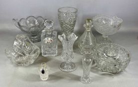 ASSORTED CUT GLASSWARE, including two decanters and stoppers, flower holders, fruit bowls, and other