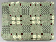 TRADITIONAL WELSH WOOLLEN BLANKET, light green coloured with red and cream pattern, 210 x 162cms