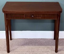 19TH CENTURY MAHOGANY TEA TABLE, string inlay, fold-over top with polished interior, dummy frieze