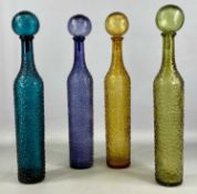 FOUR MID-CENTURY GLASS 'GENIE' BOTTLE DECANTERS with ball shaped stoppers, possibly Empoli Italy, in