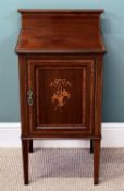 EDWARDIAN MAHOGANY POT CUPBOARD with raised back, crossbanded top, single door inlaid with basket of