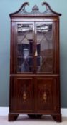 SHERATON REVIVAL MAHOGANY FREE-STANDING CORNER CABINET, fret pierced swan neck pediment over