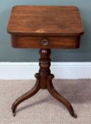 ANTIQUE MAHOGANY TRIPOD TABLE having single drawer and square top, 68 (h) x 45 (w) x 44cms (d)