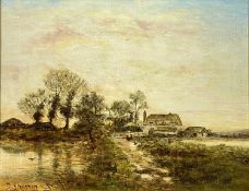 ‡ DANIEL SHERRIN (1868-1940) oil on canvas - landscape with figures and cottage, signed lower