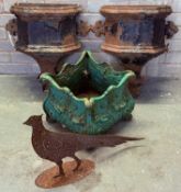 TWO ANTIQUE CAST IRON WATER HOPPERS, together with square painted cast iron jardinière, and