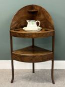 GEORGE III MAHOGANY CORNER WASHSTAND, raised back with candle stand, cut-out top, undertier with