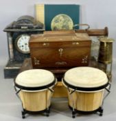 MOTHER OF PEARL DECORATED TEA CADDY, similar style writing slope, slate mantel clock, tantalus,