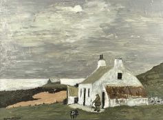 ‡ OWEN MEILIR (Welsh, b. 1954) oil on canvas - whitewashed farmhouse with farmer and sheepdog