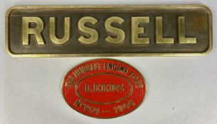 WELSH HIGHLAND RAILWAY 'RUSSELL & CO' REPLICA BRASS (foundry cast) NAME PLATE and matching Hunslet
