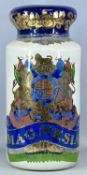 LARGE PAINTED APOTHECARY GLASS DRUG JAR & COVER, 19th century, central royal coat of arms, titled '