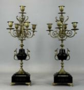 PAIR OF NAPOLEON III STYLE GILT METAL & MARBLE FOUR-BRANCH CANDELABRA, each with central sconce,