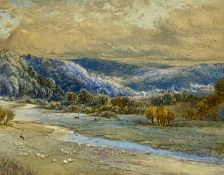 ‡ 19TH CENTURY WELSH SCHOOL watercolour - extensive view over valley, figures, cattle, and sheep