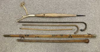 ASSORTED WALKING STICKS & CANES, including silver mounted Malacca walking stick, antler handled