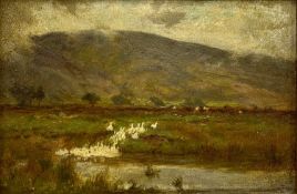 ‡ EDWARDIAN SCHOOL oil on board - geese crossing river, unsigned, 14 x 22cms Provenance: private