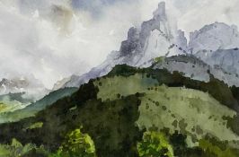 ‡ DAVID GROSVENOR (b. 1956) watercolour - 'Valbona, Northern Albania', Ffin y Parc label verso, 17 x