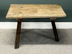 UNUSUAL ANTIQUE WELSH ELM CRICKET TABLE, thick rectangular one-piece top, splayed hewn supports,