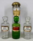 FOUR 19TH CENTURY GLASS APOTHECARY BOTTLES, 'Fine Gelatine' with gilt cover, 30cms (h); 'Glyc:
