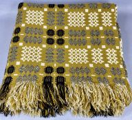 TRADITIONAL WELSH WOOLLEN BLANKET, ground mustard coloured with tasselled ends, black and cream