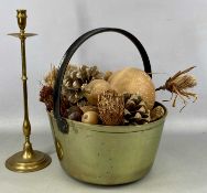 VICTORIAN CIRCULAR BRASS SKILLET with steel handle, 32cms (diam.), containing dried arrangements;