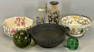 DOULTON LAMBETH WAISTED NECK NARROW VASE, 27cms tall, glass dump, glass float, a black Jasperware