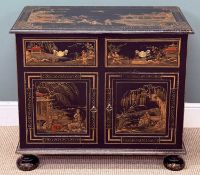 CHINESE BLACK LACQUER CABINET, gilded chinoiserie relief decoration, two drawers over double