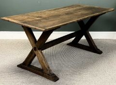 19TH CENTURY PINE REFECTORY TABLE, twin plank rectangular top, X-shaped end supports, plain