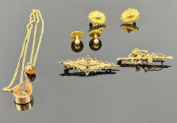 9CT GOLD ASSORTMENT to include clip-on earrings, Victorian bar brooches, etc Provenance: deceased