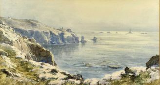 ‡ M. PARKER watercolour - coastal seascape with lighthouse beyond, signed lower right, 40 x 73cms