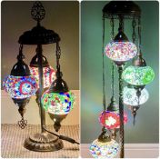 MOROCCAN BRASS FLOOR LAMP with five hanging mosaic globe shades, 126cms (h); and matching table lamp
