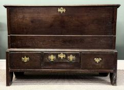 ANTIQUE OAK MULE CHEST, rectangular hinged lid with moulded rim, over three drawers, brass drop