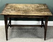 19TH CENTURY OAK FARMHOUSE TABLE, triple plank top, tapered square supports, plain stretchers, 70 (