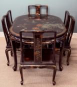 CHINESE BLACK CHINOISERIE DINING SUITE, each piece gilded and painted with flowers, oval table