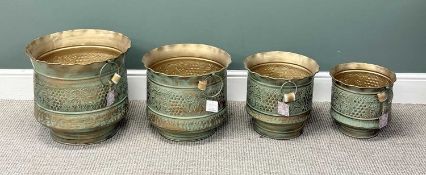INDIA PALACE GRADUATED SET OF FOUR VERDIGRIS EFFECT METAL JARDINIÈRES, embossed with grapes and fine