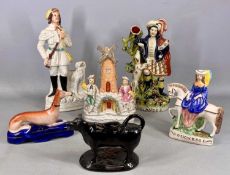 STAFFORDSHIRE FIGURES, 19th century and later, including huntsman and dog, 36cms (h); recumbent