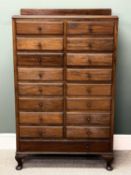 MAHOGANY MUSIC CABINET with raised back, sixteen short and one long drawer, with fall fronts and