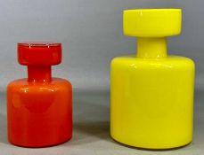 LUCIANO VISTOSI: TWO DECANTERS & STOPPERS, yellow overlay exterior with white interior, 22cms (h);