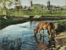 ‡ KEITH BOWEN (Welsh, b. 1950) pastel - horse watering, farm beyond with twin silos, possibly