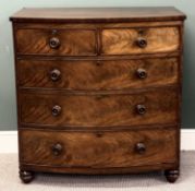 19TH CENTURY MAHOGANY BOW FRONT CHEST of two short and three long graduated drawers, turned knob