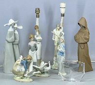 LLADRÓ, two figural table lamps, boy with kid and girl with lamb, 34cms (h) excluding fittings; monk